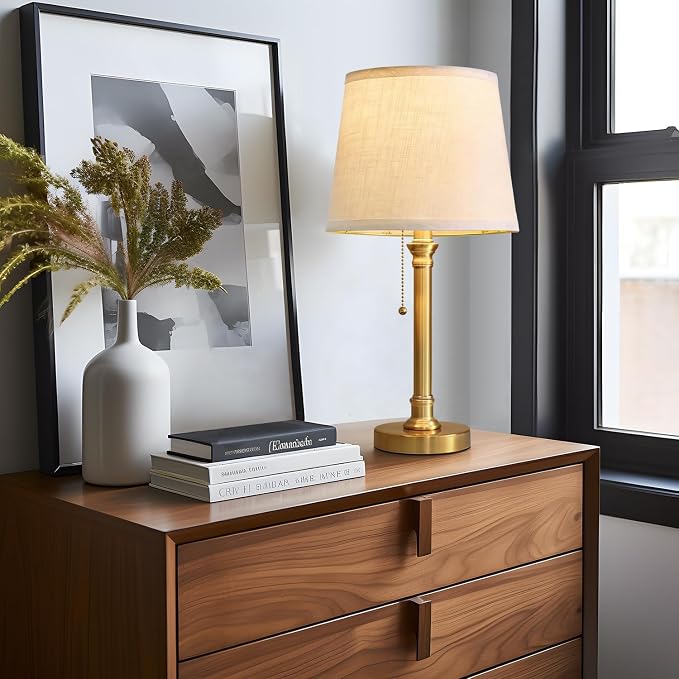 Oneach Modern Gold Brass Table Lamp Set of 2 for Bedroom Living Room 19.5'' Traditional Bedside Desk Nightstand Buffet Candlestick Samll Lamps with White Drum Shade
