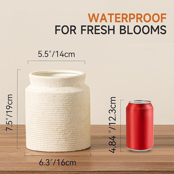Ceramic Flower Vase 7.5 inch Farmhouse Rustic Vase for Home Decor Handcrafted Pottery Terracotta Vases for Dining Table Decor Fireplace Living Room Bathroom Wedding Centerpiece (M-Off White)