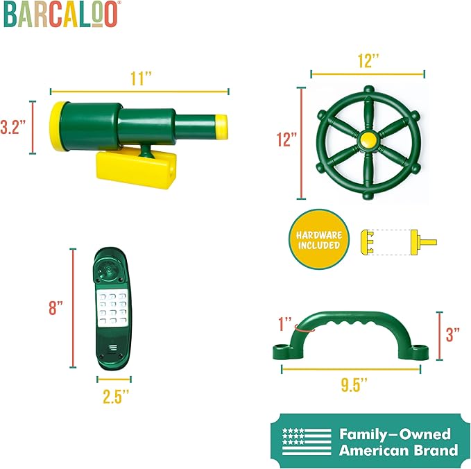 Barcaloo Playground Accessories for Kids Outdoor Playset for Kids 7 Piece Pirate Telescope, Playhouse Wheel, Green Safety Handle Bars & Phone Attachments for Backyard Treehouse, Jungle Gym & Swing Set