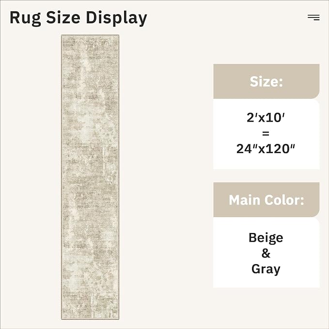 Soalmost Abstract Runner Rug 2x10 Hallway Kitchen Runners Beige/Gray | Vintage Washable Rugs for Bathroom Laundry Room, Low Pile Stain Resistant Floor Carpet Mat Entryway Corridor Bedroom
