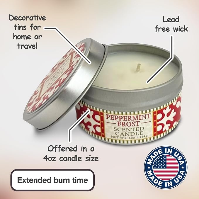 Greenwich Bay Hand-Poured Scented Candle in Decorative Tin – 4 oz/114 g Travel Candle with Lead-Free Wick, Vegetable Wax, Long-Burning Aromatherapy Gift, Single Wick – Made in USA (Peppermint Frost)
