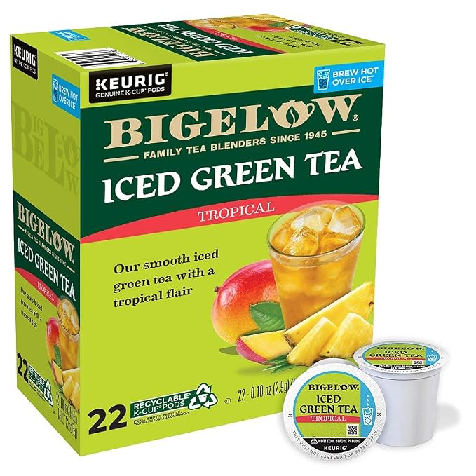 Bigelow Tropical Iced Green Tea, K-Cup, 0.10 oz, 22/Box