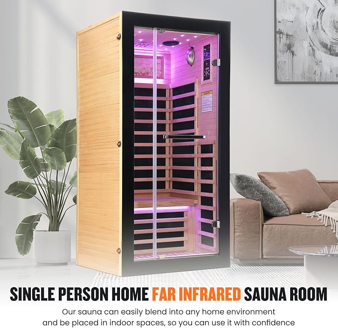 OUTEXER One Person Sauna Far Infrared Saunas Room Canadian Hemlock 1450W Dry Saunas Spa with 7 Starry Sky Light 35.4 * 35.4 * 70.8inch