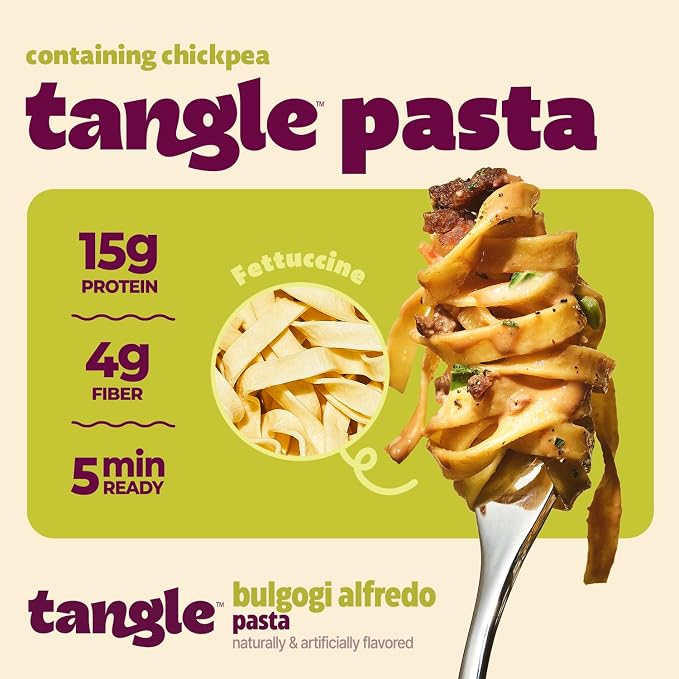 Tangle Bulgogi Alfredo Instant Pasta, 15g Protein Fettuccine, 4g Fiber 4pk | 15g protein, 4g fiber per serving; Chickpea-based air-dried noodle; Sweet-savory bulgogi meets creamy alfredo; Ready in 5min
