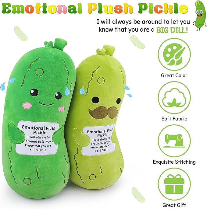 Emotional Plush Pickle-20” Pickle Stuffed Animal,Food Plushies Cucumber Stuffed Animal with Positive Warm Words,Kawaii Plush Toy Kids Birthday Gifts,Adult Vegetable Lover Plushie Pillow