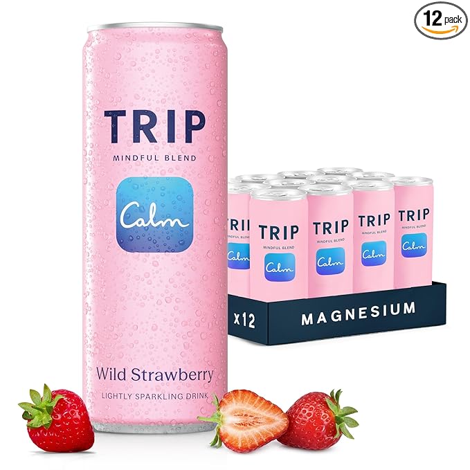TRIP Lightly Sparkling Adaptogen Drink, Non Alcoholic Drink with Magnesium, Ashwagandha, Lions Mane & L Theanine, No Added Sugar Mocktail, Vegan, Wild Strawberry, 12 Oz, 12Pk