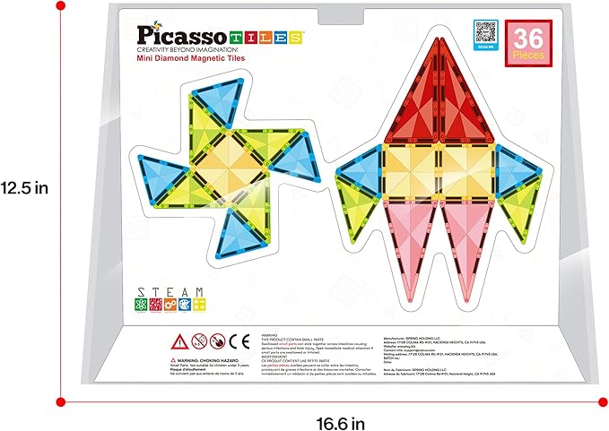 PicassoTiles 36pcs Mini Size Magnetic Tiles Magnet Toys Diamond Series Sensory Construction Building Blocks Set STEM Learning Travel Size Educational Toy for Kids Boys Girls Toddlers Age 3+ PTM36