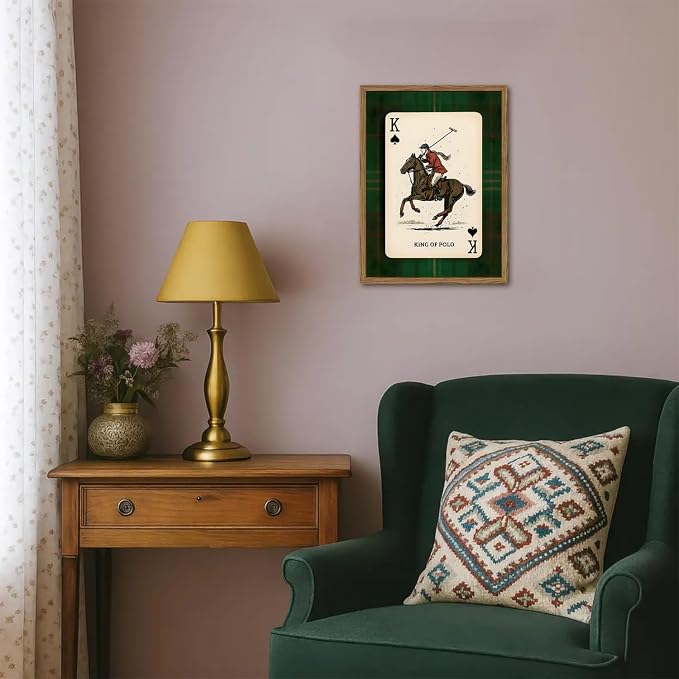 Vintage Equestrian Wall Art, King of Polo Wall Decor Painting Rustic Race Horse Sports Poster Canvas Prints Picture for Game Room Living Room Bedroom 12x16 inch Wood Framed
