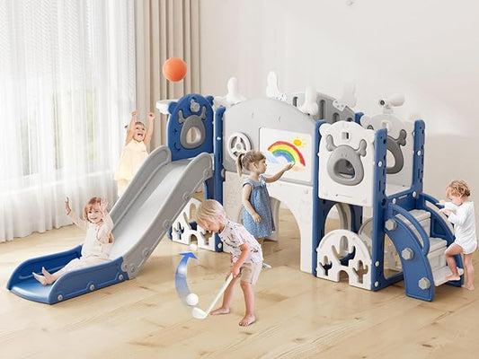 XJD Toddler Slide,13 in 1 Kids Slide for Toddlers, New Upgrade with Golf Set, Basketball Hoop, Drawing Board for Indoor Outdoor Playset,Toddler Playground (Blue Gley)