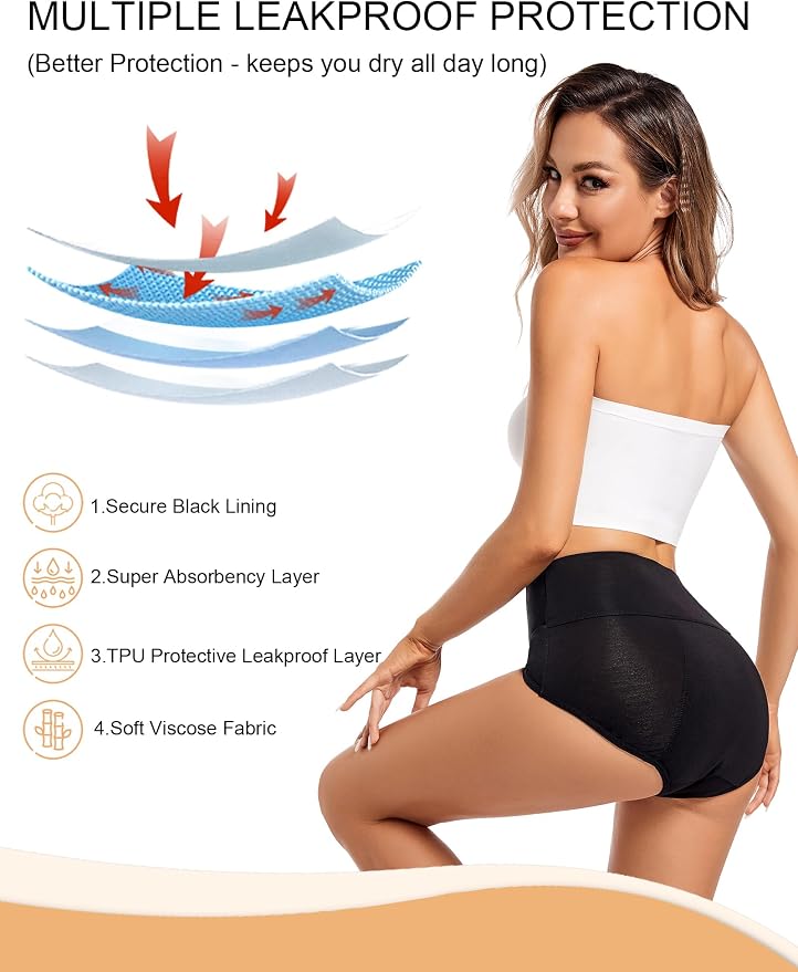 ECO PERIOD Heavy Flow Period Underwear for Women Leakproof Period Panties | Menstrual Underwear for Teen, All-Day Long - Overnight Protection, Women's Postpartum High Waist Brief, Absorb up to 50ML