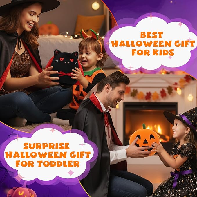 Halloween Pumpkin Plush Toy, Reversible Vampire Black Cat Stuffed Animal with Red Cloak, Cute Halloween Plushies Gift and Party Decoration for Boys Girls 10 Inch