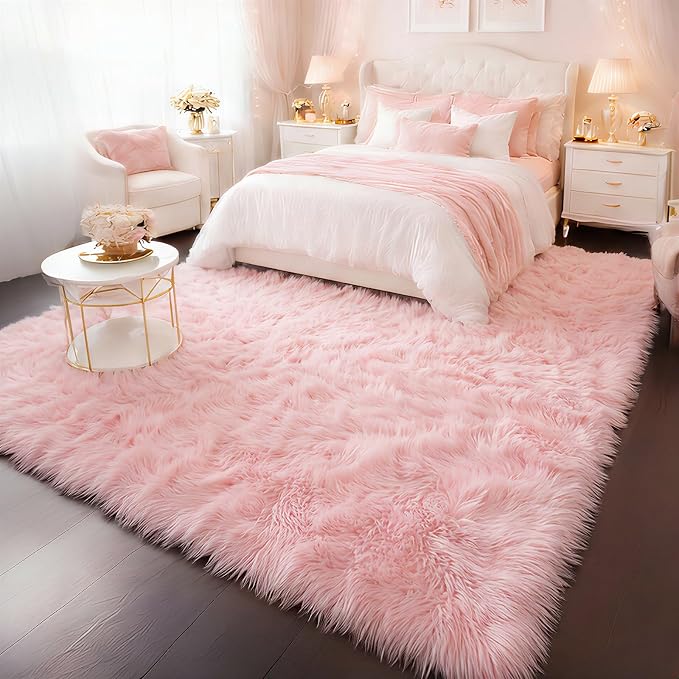Amdrebio Pink Area Rugs 8x10 for Living Room, Large Fluffy Shag Rug for Bedroom, Kids Room Decor, Big Cute Furry Carpet for Teen Girls, Baby Nursery, Classroom, Soft Fuzzy Cozy Carpets for Playroom
