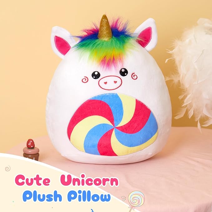 Athoinsu 12‑Inch Rainbow Unicorn Plush Pillow Soft & Cuddly Stuffed Animal for Kids Toddler Girls and Boys, Cute Rainbow Belly Plush Gift