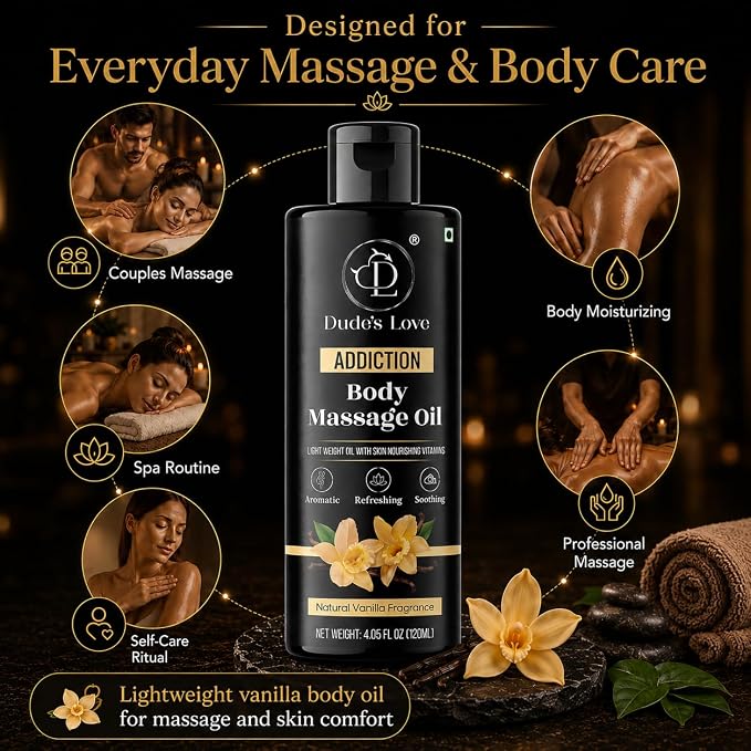 Dude's Love Vanilla Body Massage Oil Organic Non-Sticky Formula with Fractionated Coconut Oil, Vanilla & Jasmine Oil -Light Moisturizing Massage Therapy - 4.05 Fl Oz