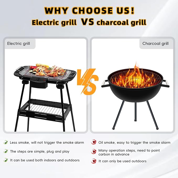 Electric Grill Outdoor Indoor Cooking,Smokeless BBQ,Portable Removeable Stand（301-1）