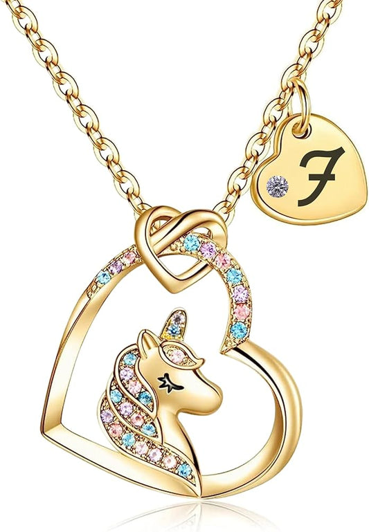 Valentines Day Gifts for Kids Girls - Unicorn Necklace for Girls with Initial Heart Pendant & Gift Box, 18K Gold Fashion Kids Jewelry, Colorful Heart Necklace for Birthdays & Costume Parties.