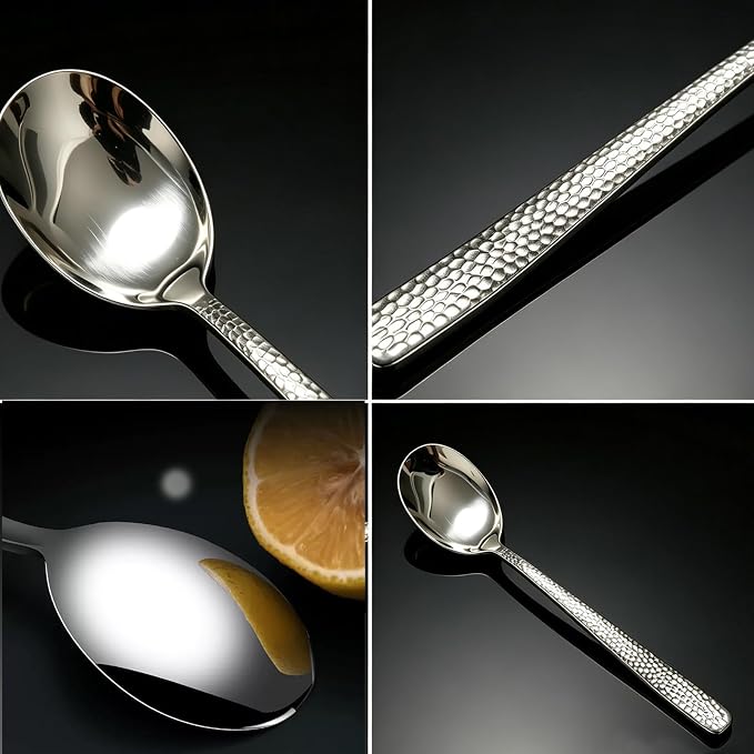 Set of 6 Spoons, 8.1 Inch Korean Spoons with Long Handles, Stainless Steel Soup Spoons for Home, Kitchen & Restaurant,Hammered Design Dishwasher Safe (8.1inch)