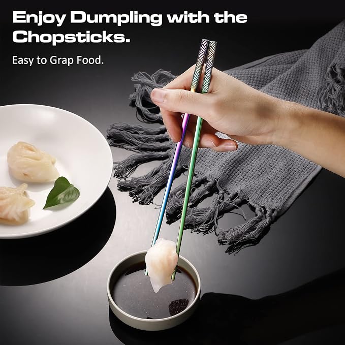 Metal Chopsticks Reusable 18/8 Stainless Steel Chopsticks Laser Engraved Premium Titanium Chop Sticks Dishwasher Safe Lightweight Japanese Korean Chopsticks 5 Pairs Gift Set (Rainbow)