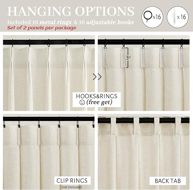 Pleated Extra Long 132 Inch Cream Curtains for Living Room 2 Panels Set, Memory Trained Thick Linen Sheer Floor to Ceiling Drapes for Sliding Doors Light Filtering Luxury Windows Curtain 11FT Length