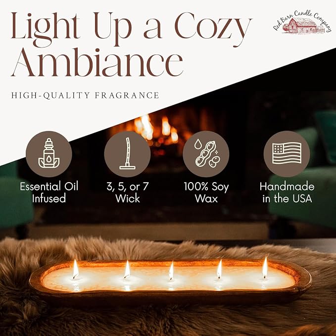 Red Barn Candle Company Wood Dough Bowl Candles | 100% Natural Soy Wax & Essential Oil Infused | Odor Eliminating + Pet Safe | Scented Candle Gifts for Men & Women (Eucalyptus, 7-Wick)