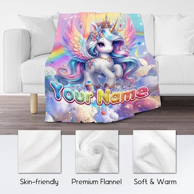 Unicorn Blankets - Custom Girls Gifts - 4 Sizes Cute Throw for Kids - Cozy Soft Fleece Blanket for Couch Bed