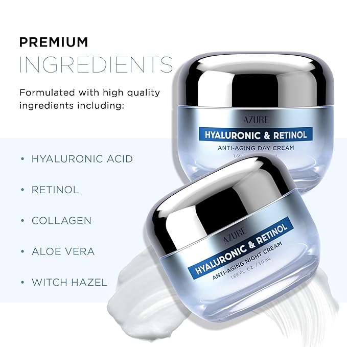 Azure Cosmetics Hyaluronic Acid Moisturizer Face Cream - Dermatologist Tested, Anti-Aging Retinol Cream for Dark Spots, Fine Lines & Wrinkles - Clean Beauty, Korean Skincare - Day & Night Duo Set