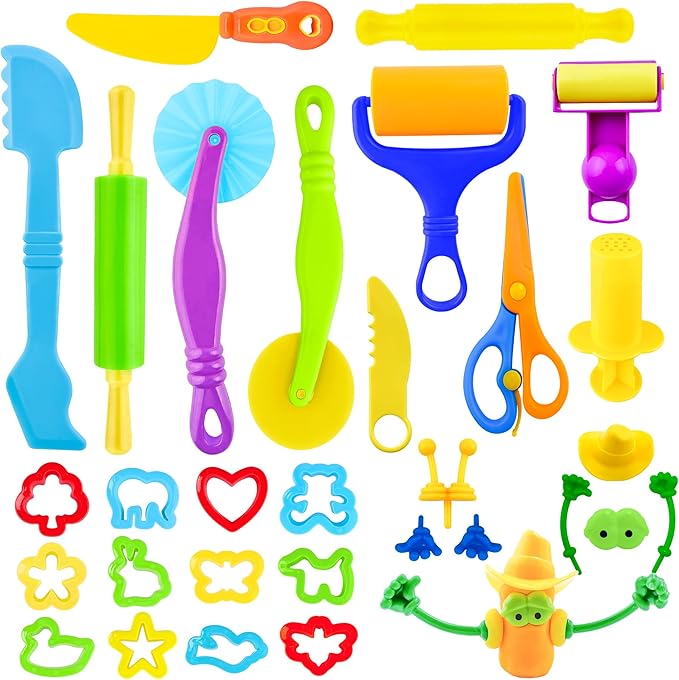 iShyan Dough Tools Play Set for Kids,30 pcs Basic Dough Play Toys with Animal Cutters, Roller, Rolling Pins, Safety Scissors, Plastic Knife,Character Accessories