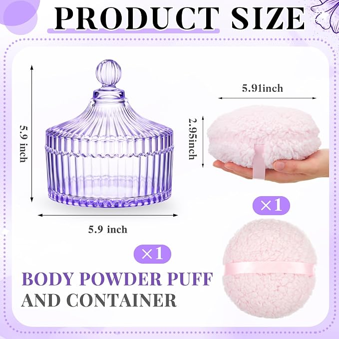 Tioncy 2 Pcs Extra Large Dusting Powder Puff and Container for Women-6'' Glass Crystal Dusting Powder Container with Body Soft Washable Reusable Velour Face(Purple,Classic)