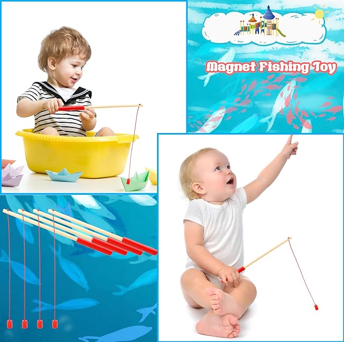 12 Pcs Magnet Fishing Rod Wooden Magnetic Fishing Poles Funny Fishing Pole Toys for Kindergarten Preschool Girl Boy Pool Activity Accessory