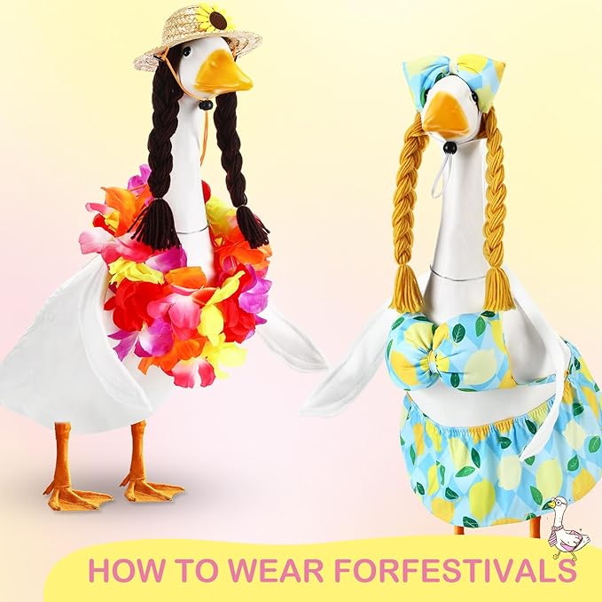 4 Pcs Poseable Goose Wings with Wigs Porch Goose Outfit Accessories Cute Goosey Braid Wigs White Poseable Wings for 23/17'' Outdoor Patio Yard Lawn Art Decoration(Farmhouse)