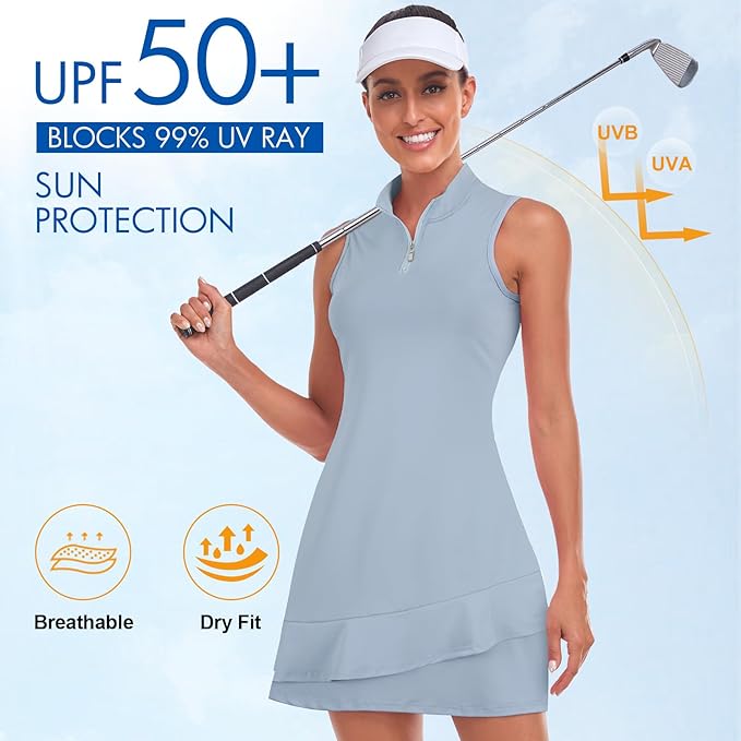 Viracy Tennis Dress for Women Sleeveless Golf Dresses with Shorts and Pockets Ruffle Zip Up Stand Collar Golf Outfits