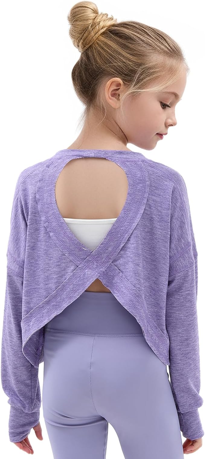 Gogokids Girls Shirts Long Sleeve Athletic Shirts Open Back Tops Active Sports Tshirts Yoga Workout Crop Tees 5-14 Years