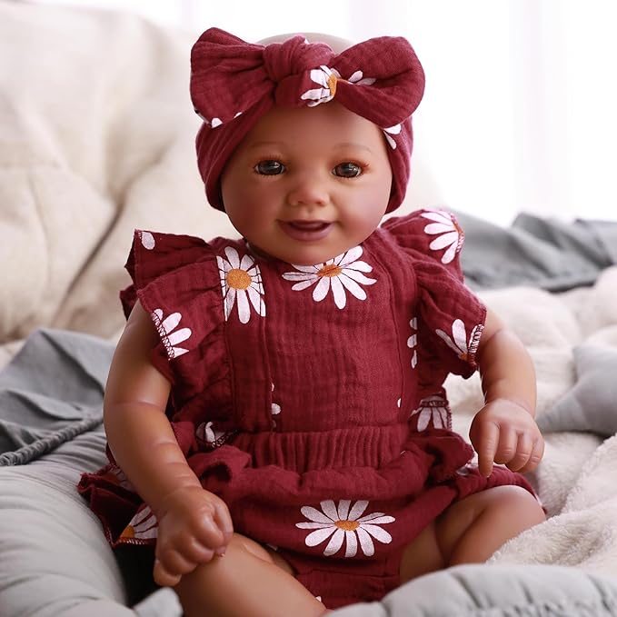 BABESIDE 2 Pcs Reborn Baby Doll Clothes with Headband for 17-22 Inch Dolls, Floral Patterns Reborn Baby Doll Accessories Set for Newborn Babydolls, Wine Red