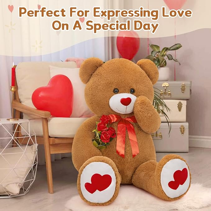 MaoGoLan Giant Teddy Bear Plush 42",Big Teddy Bear Stuffed Animal with Heart Footprints and Heart Nose,Valentines Bear for Girlfriend,Wife,Lover-Anniversary, Birthday,Long Distance,Dark Brown