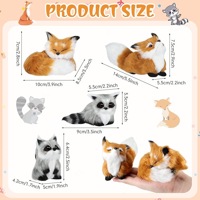 4 Pcs Simulation Fur Toy Christmas Decor Mini Fox Animal Model Stuffed Cute Furs Plush Raccoon Fox Squatting Sleeping Animals World with Static Action Figures for Home Office Desktop Decoration