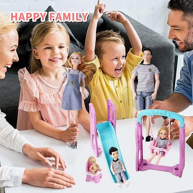 Dolls Set of 6 People with Pregnant Mom Dad 3 Kids and Baby Boy in Mommy's Tummy, Doll Playsets and Accessories for 3-12 Years Old Toddlers Gift