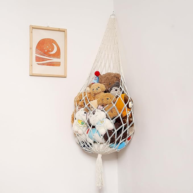 Stuffed Animal Storage Organizers Corner Hanging Ne 60" L Stuffy Animal Hammock Macrame Toy Display Plush Toy Holder Wall, Kid Bedroom Decor Boho Nursery Playroom Organizer 60" L (Cream)