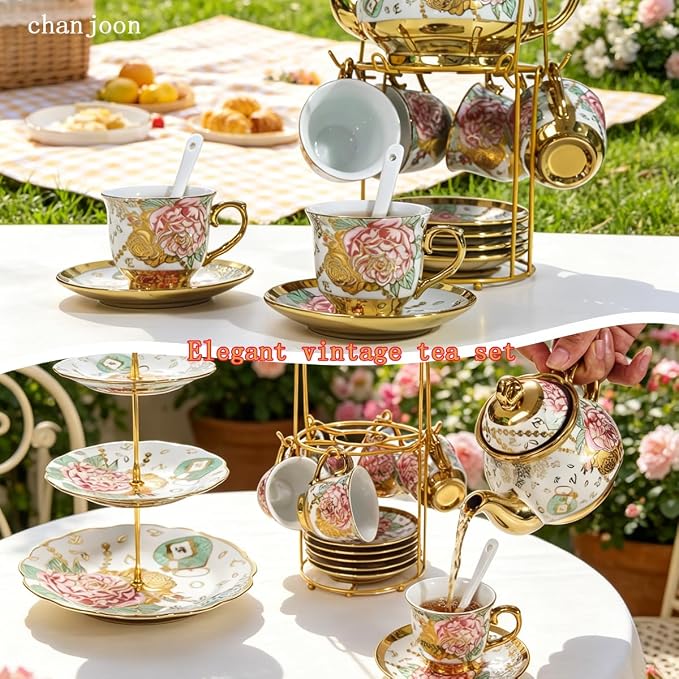 CHANJOON Gold Plated Red Rose Ceramic Tea Set, Vintage Tea Sets with Teapot, Beautiful Tea Set Coffee Serving 6 People (Golden, Medium)