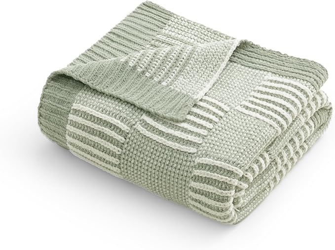Knit Throw Blanket, Soft Chenille Cozy Breathable Dual Tone Checkered Chunky Decorative Blanket for Couch, Bed & Sofa, French-Inspired Lightweight Warm Gift for Women, Sage Green, 50"x60"