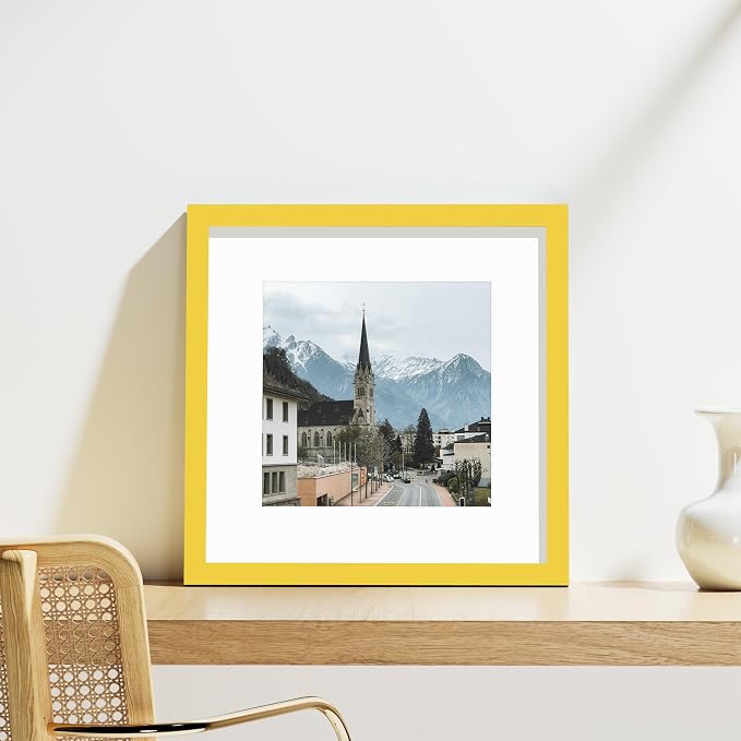 Vittanly 12x12 Picture Frames Set of 9 for Wall Mounting, Yellow | Display Pictures 8x8 with Mat or 12x12 without Mat for Wall Mounting, Square Photo Frames for Home Decor, Engineered Wood