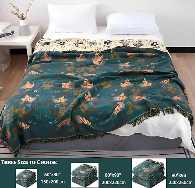 Boho Throw Blanket for Bed 100% Cotton Bohemian Blankets Ultra Soft Woven Muslin Decorative Blankets All Seasons Vintage Quilt Knitted Blanket for Sofa Chair(Blue, 90"x98")