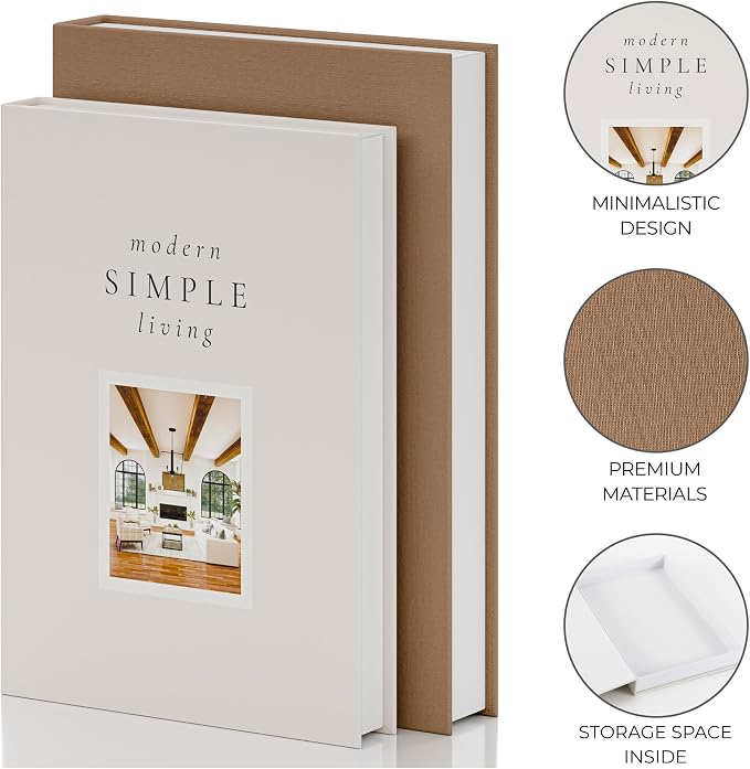 Beautiful Decorative Books - Set of 2 Boxes Enhance Your Coffee Table, Bookshelf or Mantel Shelf Decor - Aesthetic Fake/Faux Books for Modern Home Decoration, Photo Storage and as a Keepsake Box