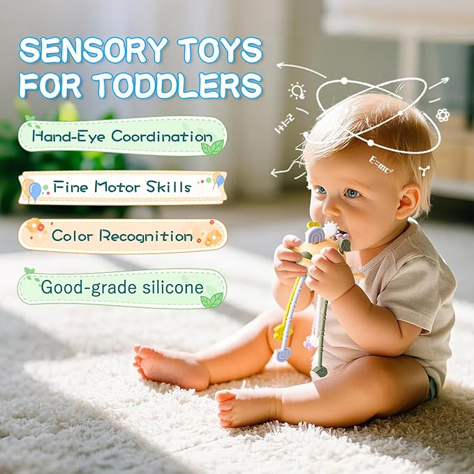 Food Grade Silicone Pull String Baby Toy, Montessori Pull String Sensory Toy for 18 Months Babies Teething Toys,Toddler Fidget Toys Birthday Gift for Infant/Toddler(Yellow)