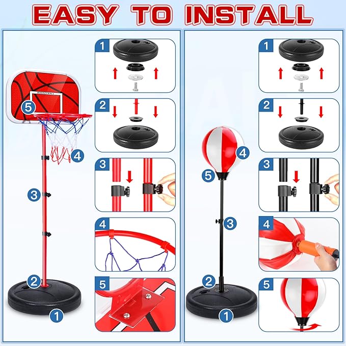 2 in 1 Adjustable Kids Basketball Hoop and Punching Bag with Stand for Kids, Toys Gifts for Boys Age 3 4 5 6 7 8 9 10+, Toddler Basketball Hoop and Boxing Bag Set Toy for Outdoor Indoor Sports Games