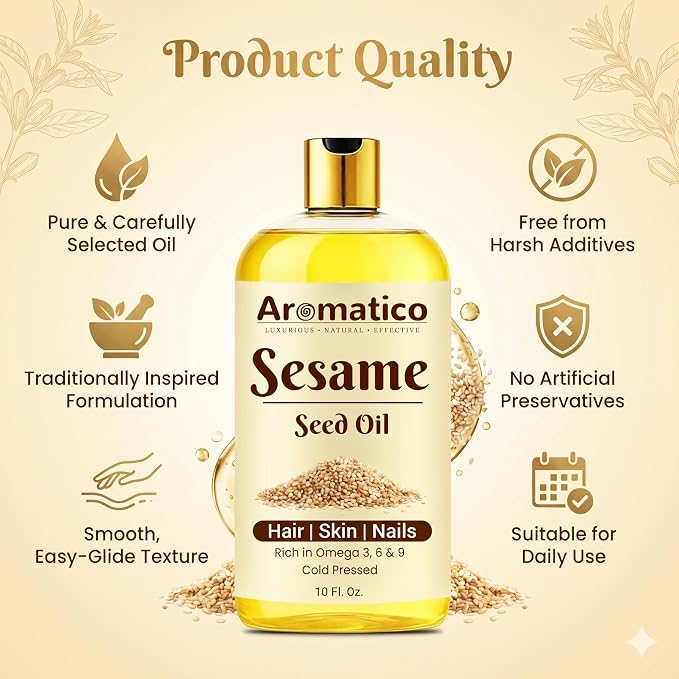 AROMATICO Sesame Oil for Massage - Ayurvedic Warm Massage Oil with Cold Pressed Sesame for Muscle Relaxation & Daily Abhyanga |10 Fl Oz