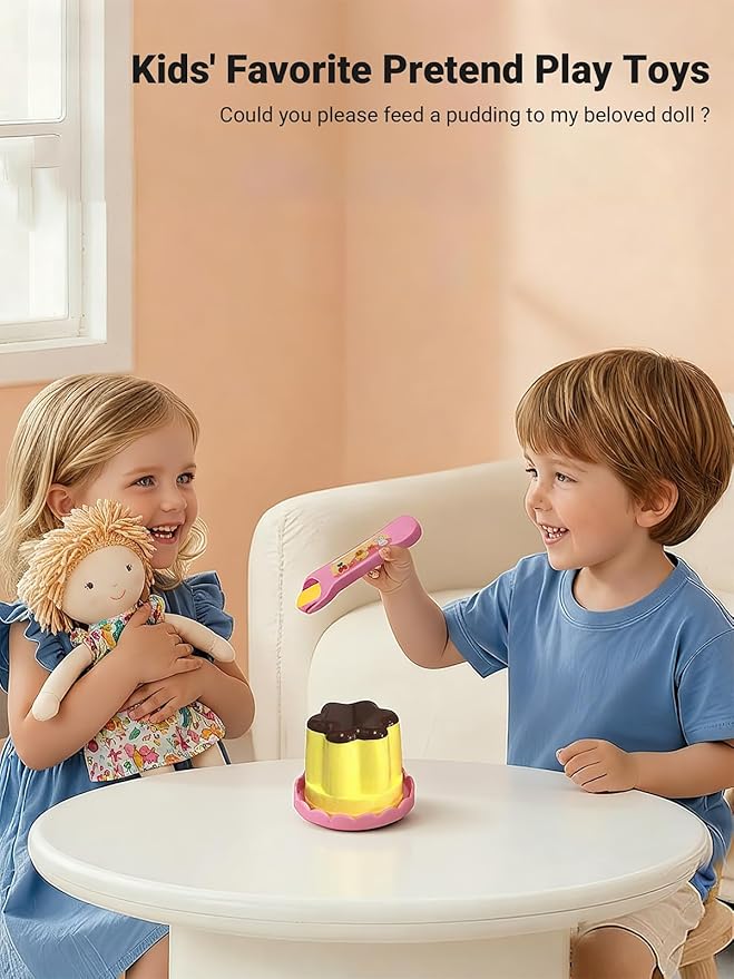 Pretend Play Pudding Feeding Toy for Dolls,Stuffed Animals Figurines,Automatic Feeding Toy with Spoon,Perfect for Doll Role Play Ideal Birthday for 3-6 Year Old Girls