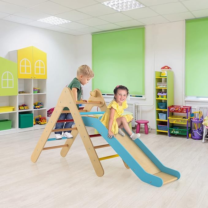 OLAKIDS Pikler Triangle Set 2 in 1 Climbing Toys for Toddlers Foldable Wood Montessori Baby Jungle Gym with Ladder Ramp Slide Kids Indoor Playground Activity Play Structure