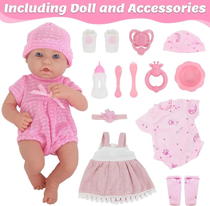 UNICORN ELEMENT 14 Inch Baby Doll with Baby Doll Clothes and Accessories, Reborn Vinyl Body 14” Dolls Playsets with Pacifier, Feeding Bottle Etc, Great Gift for Toddlers 3+