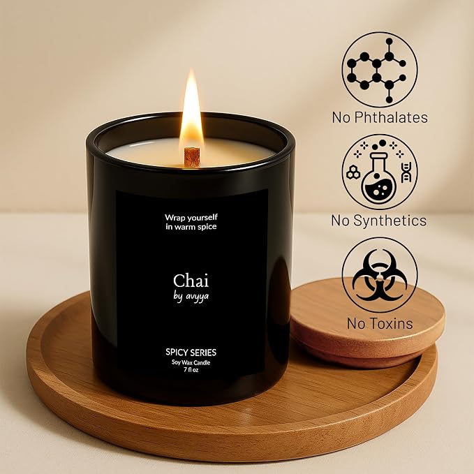 Spicy Series Soy Candle | 100% Natural Soy Wax, Essential Oil Aromatherapy | Eco-Friendly Wooden Wick and Reusable Jar | Carbon-Free | Handmade Gift Candle (Chai)