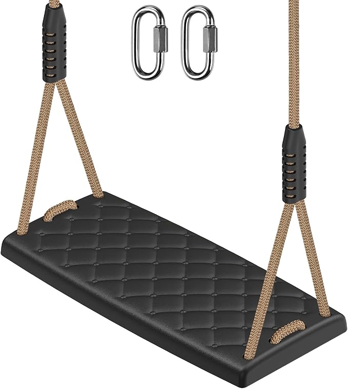 SELEWARE Heavy Duty Swing Seat with Adjustable Rope, 300lbs Capacity Non-Slip Plastic Tree Swing for Kids, Playground Swing Set Accessories Replacement with Snap Hooks for Indoor Outdoor Use (Black)